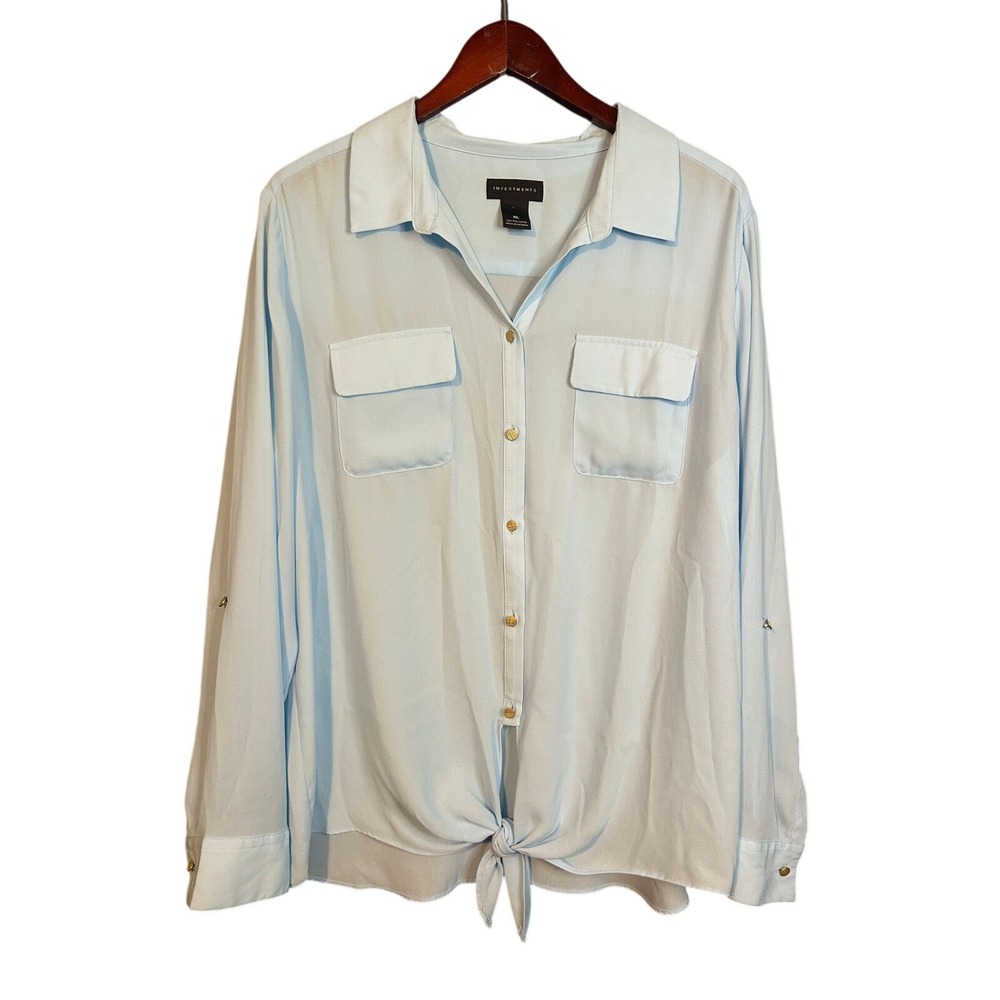 Investments Tie Front Blouse Top Coastal Nautical Breathable Women XL Light Blue